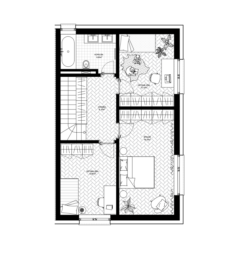 Pôdorys poschodia — 4-izbový rodinný dom