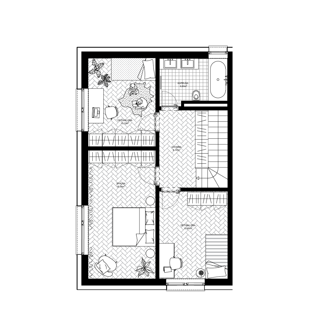 Pôdorys poschodia — 4-izbový rodinný dom